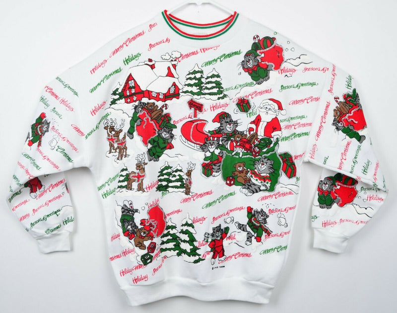 Vtg 80s Christmas Women's Medium Graphic Cat All-Over 50/50 "Ugly" Sweatshirt