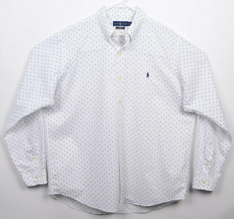 Polo Ralph Lauren Men's XL Anchor Pattern White Blue Stretch Button-Down Shirt