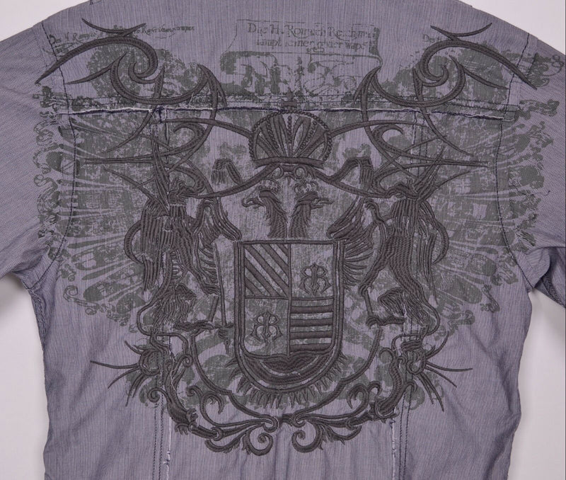 Roar Men's Sz Medium Gray Long Sleeve Button Front Crest Embroidered Shirt