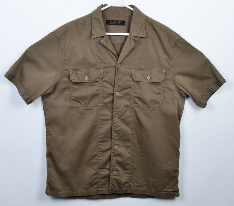 AllSaints Men's 2XL Olive Green/Brown Pyle Short Sleeve Button-Front Shirt