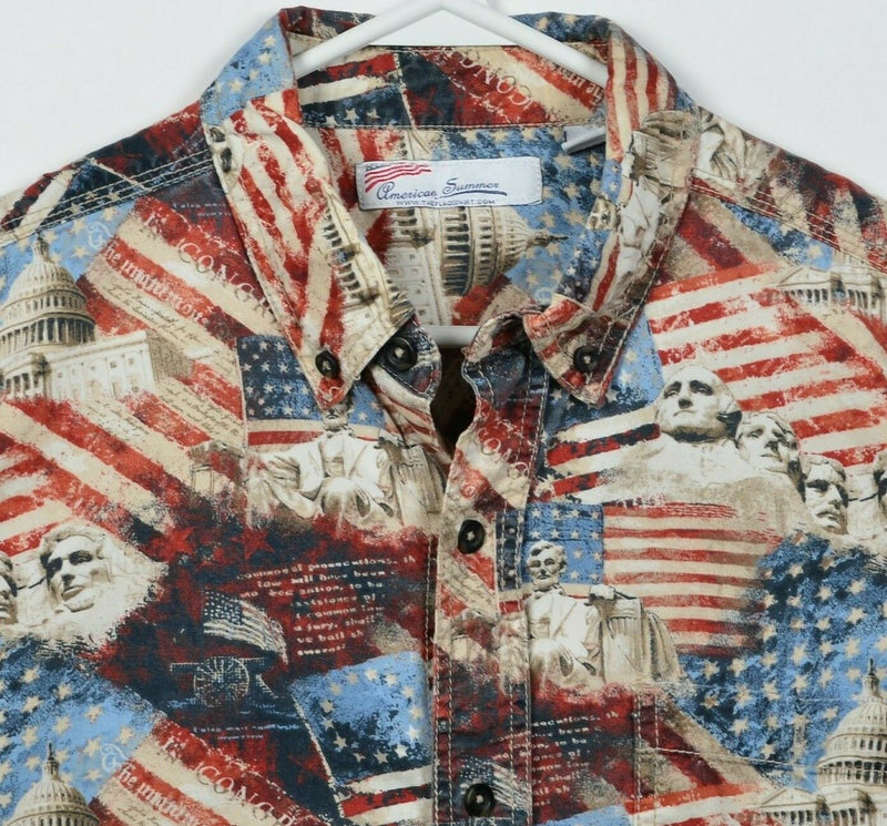 American Summer Men's Large USA Flag Mt Rushmore Patriotic Button-Front Shirt