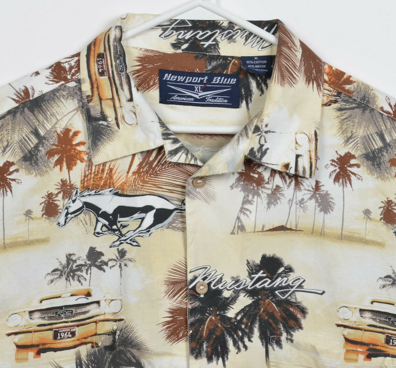 Ford Mustang Men's XL Newport Blue Floral Car Button-Front Hawaiian Camp Shirt