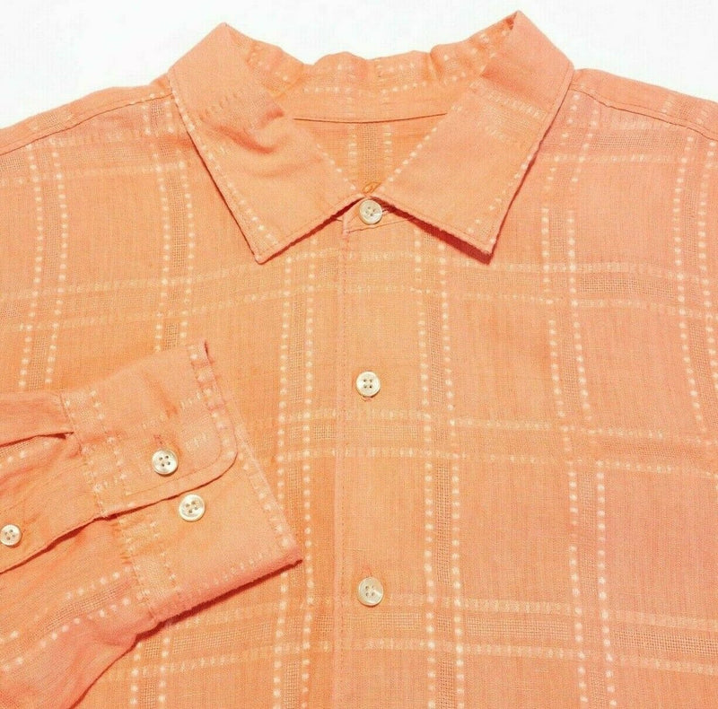 Tommy Bahama Linen Shirt Orange Plaid Long Sleeve Button-Front Men's 2XL