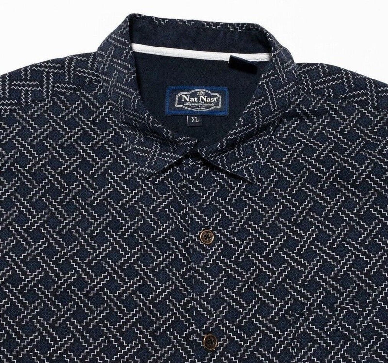 Nat Nast Silk Shirt XL Men's Geometric Navy Blue Hawaiian Aloha Bowling Camp