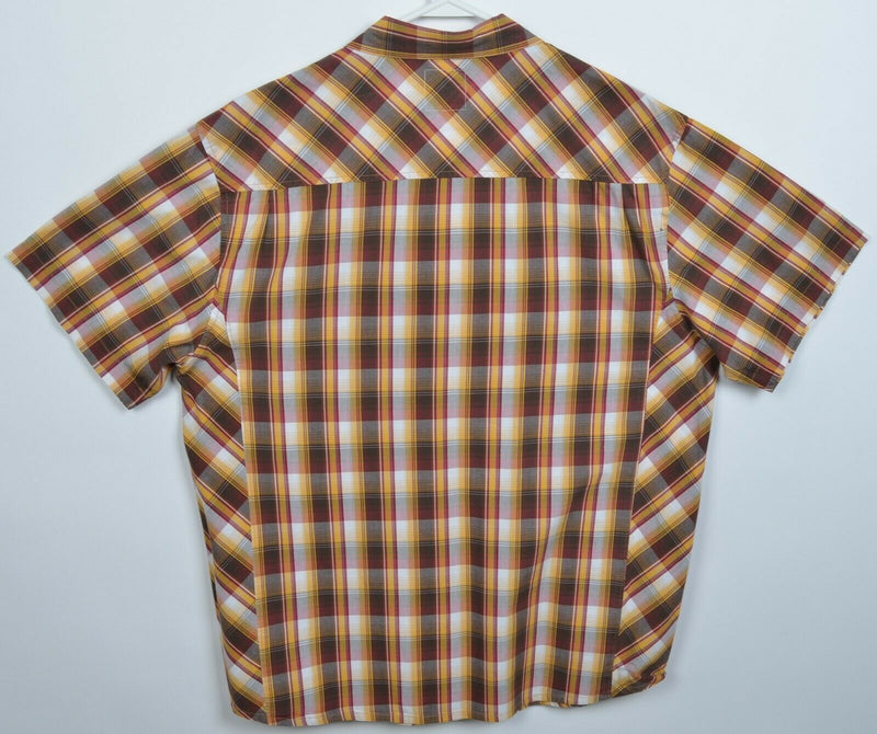 Prana Men's XL Pearl Snap Brown Golden Yellow Plaid Western Short Sleeve Shirt