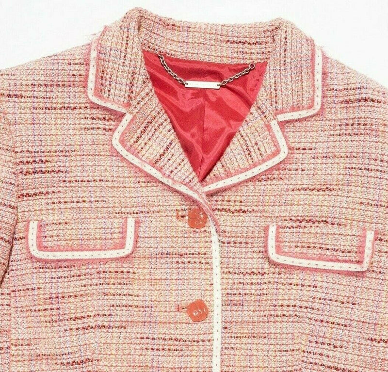 Elie Tahari Women's Medium Pink Tweed Button-Front Collared Blazer Jacket
