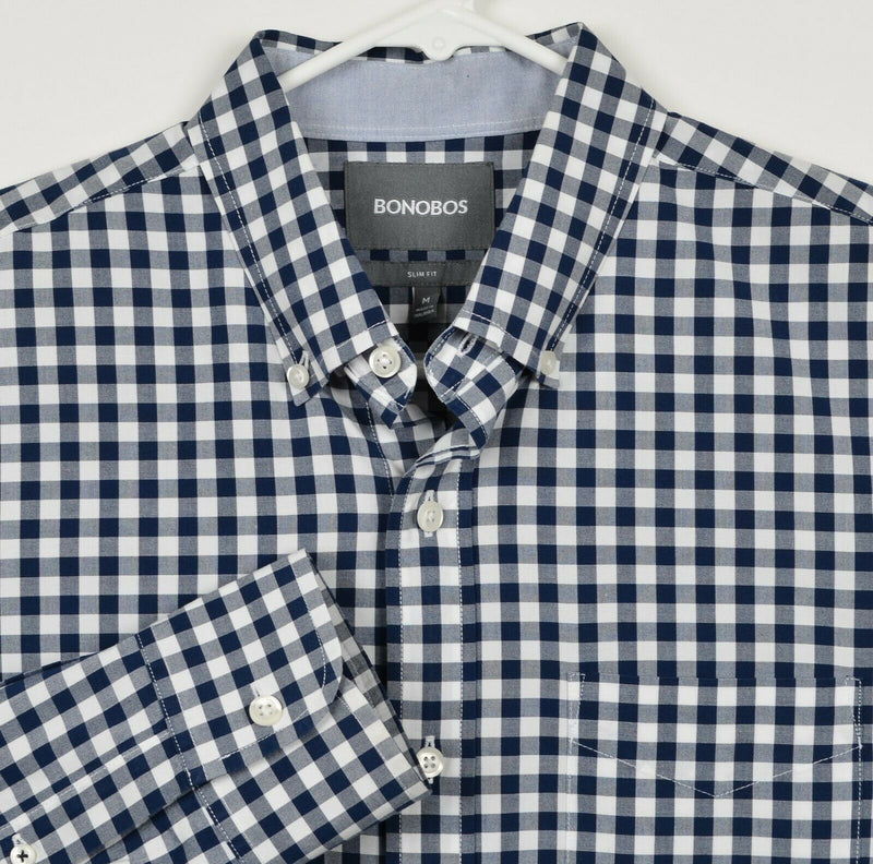 Bonobos Men's Medium Slim Fit Navy Blue Gingham Check Plaid Button-Down Shirt