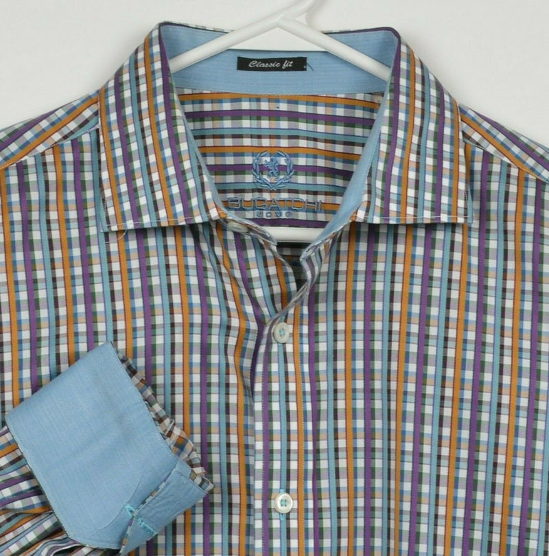 Bugatchi Uomo Men's Large Classic Fit Flip Cuff Multi-Color Check Designer Shirt