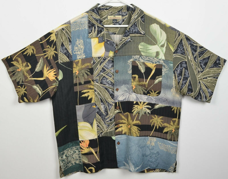 Tommy Bahama Men's XL 100% Silk Floral Collage Quilt Green Hawaiian Shirt