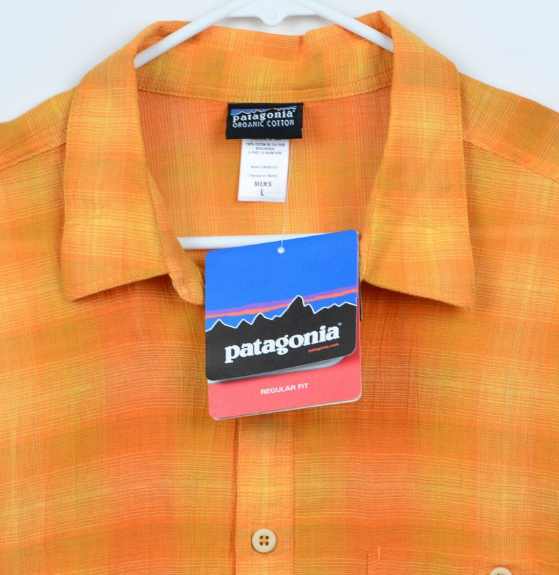 Patagonia Men's Sz Large Orange Plaid Organic Cotton Short Sleeve A/C Shirt