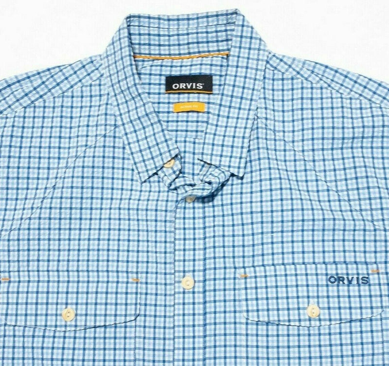 Orvis Seersucker Shirt Men's Large Clearwater Short Sleeve Blue Check Outdoor