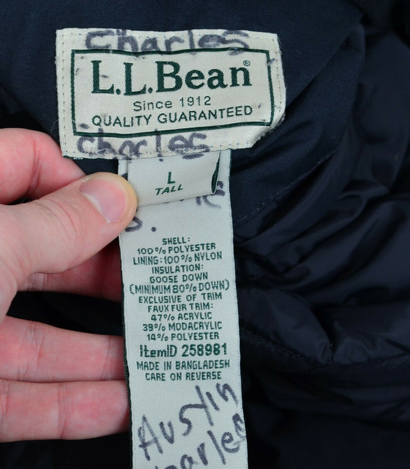 LL Bean Men's Large Tall Goose Down Black Faux Fur Hood Baxter State Parka Coat