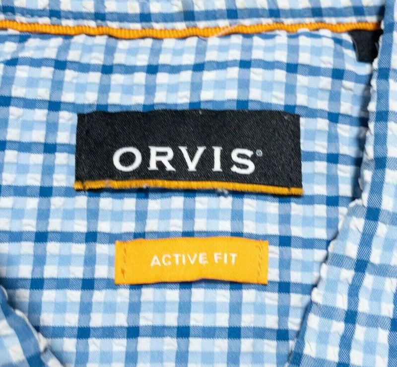 Orvis Seersucker Shirt Men's Large Clearwater Short Sleeve Blue Check Outdoor