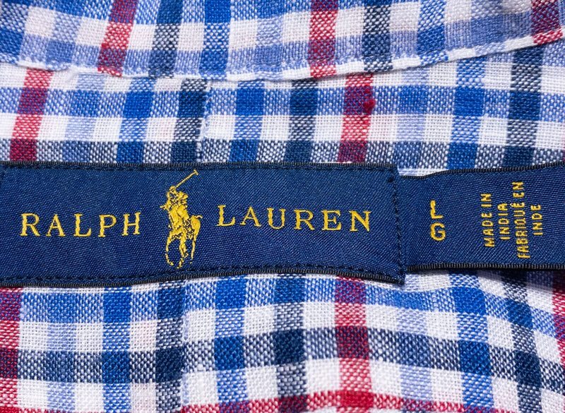 Polo Ralph Lauren Linen Shirt Men's Large Button-Up Long Sleeve Blue Red Check