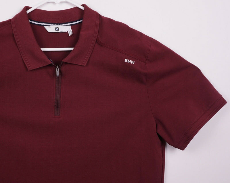 BMW Men's Sz 2XL Zip Collar Solid Maroon Autos Car Short Sleeve Polo Shirt