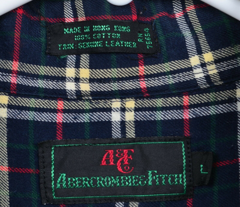 Vintage 80s Abercrombie & Fitch Men's Large Leather Shoulder Pad Flannel Shirt
