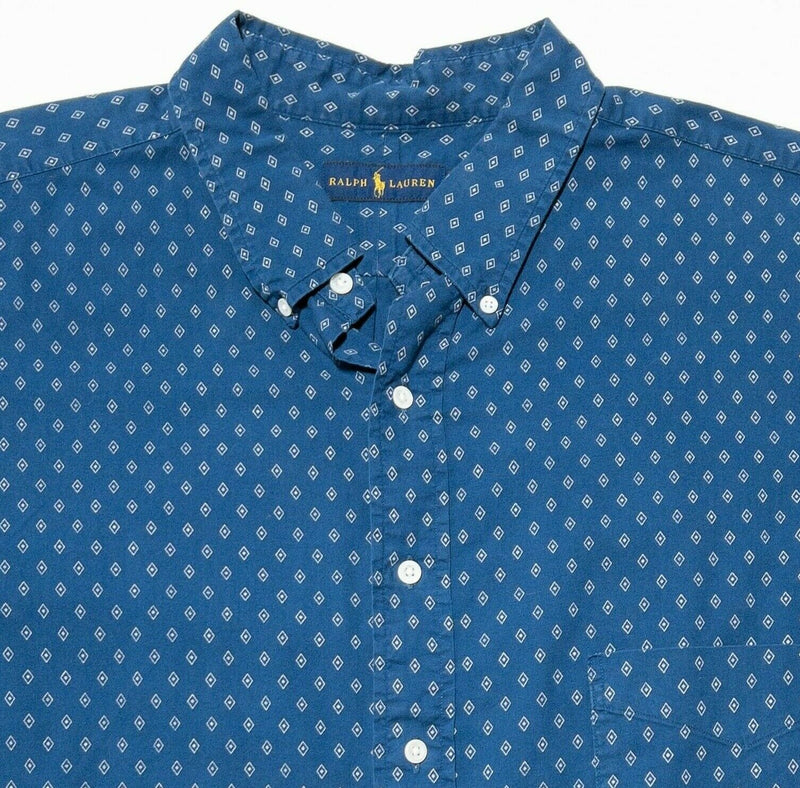 Polo Ralph Lauren 2XLT Short Sleeve Shirt Men Blue Diamond Geometric Button-Down