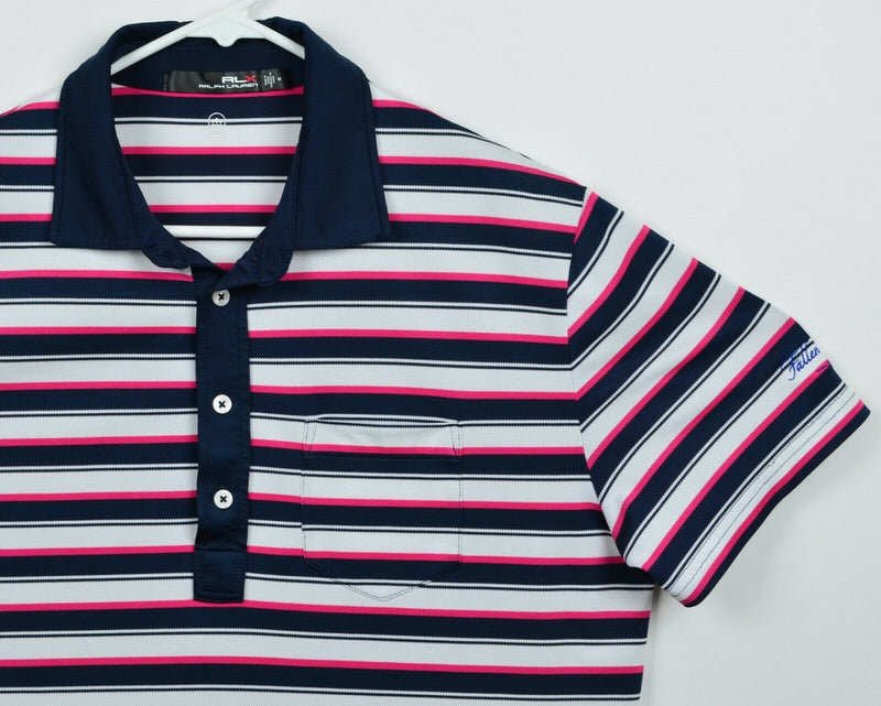 RLX Ralph Lauren Men's Sz Medium Wicking Pink Navy Blue Striped Golf Polo Shirt