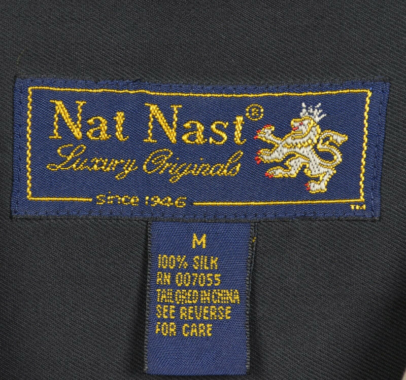 Nat Nast Men's Medium 100% Silk Black Striped Panel Hawaiian Bowling Retro Shirt