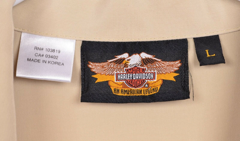 Harley Davidson Men's Large Embroidered Vintage Bike Tan Hawaiian Camp Shirt