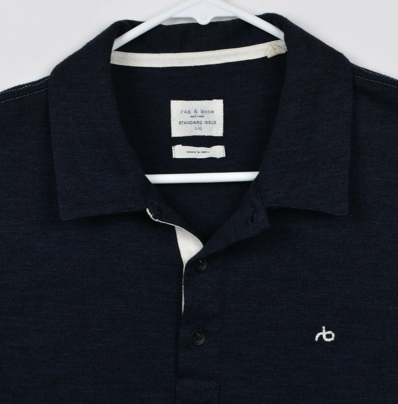 Rag & Bone Men's Sz Large Standard Issue Navy Blue Logo Cotton Poly Polo Shirt