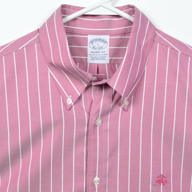 Brooks Brothers Men's Large Regent Fit Non-Iron Stretch Pink Striped Logo Shirt