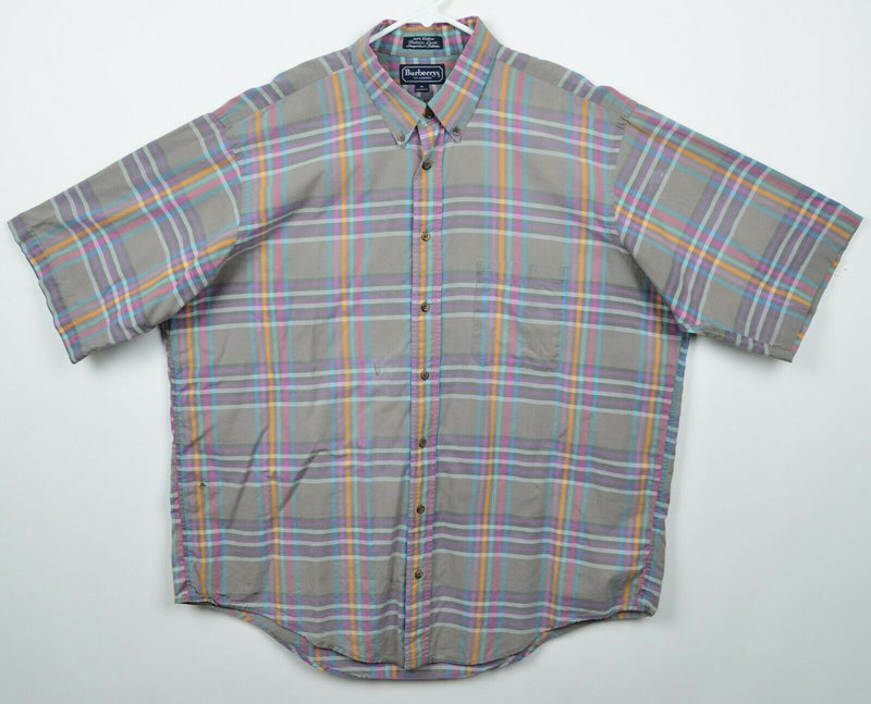 Vtg 80s Burberrys of London Men's Sz XL Button-Down Gray Plaid Shirt DAMAGED