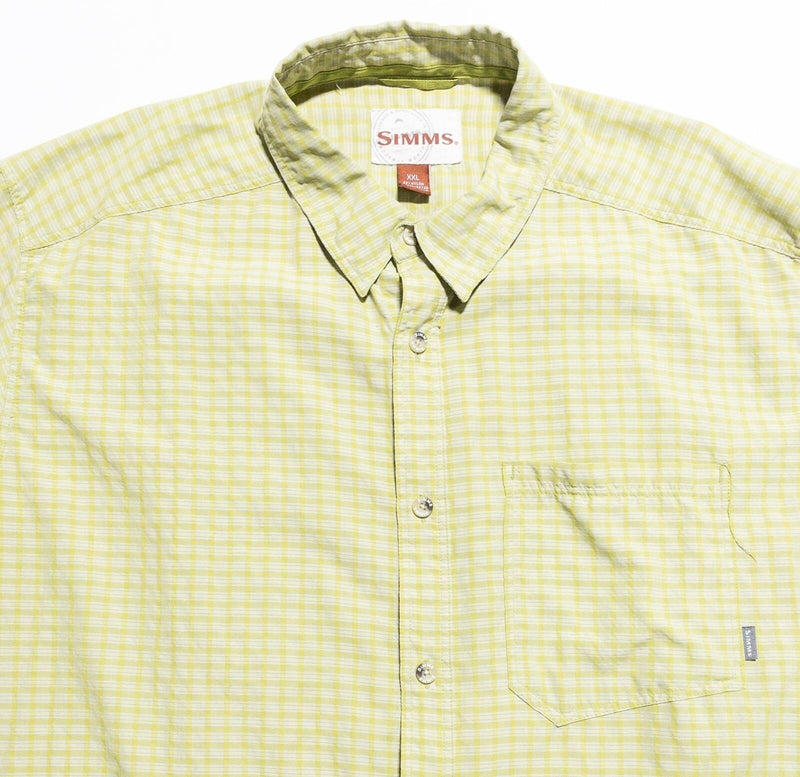 Simms Fishing Shirt Men's 2XL Green/Yellow Check Short Sleeve Button-Up Wicking