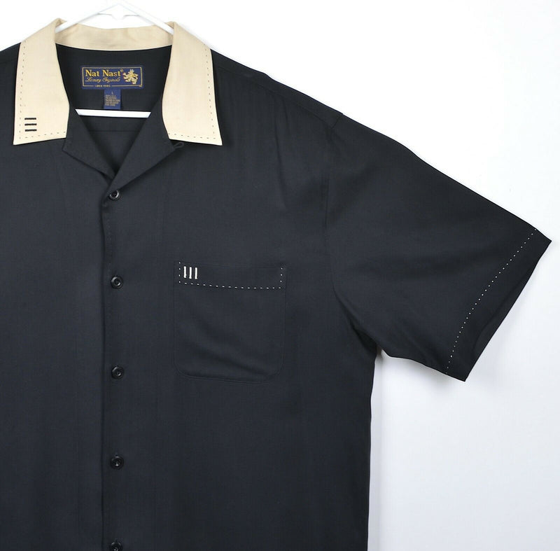 Nat Nast Men's Sz Large 100% Silk Black Tan Stitch Accent Bowling Camp Shirt