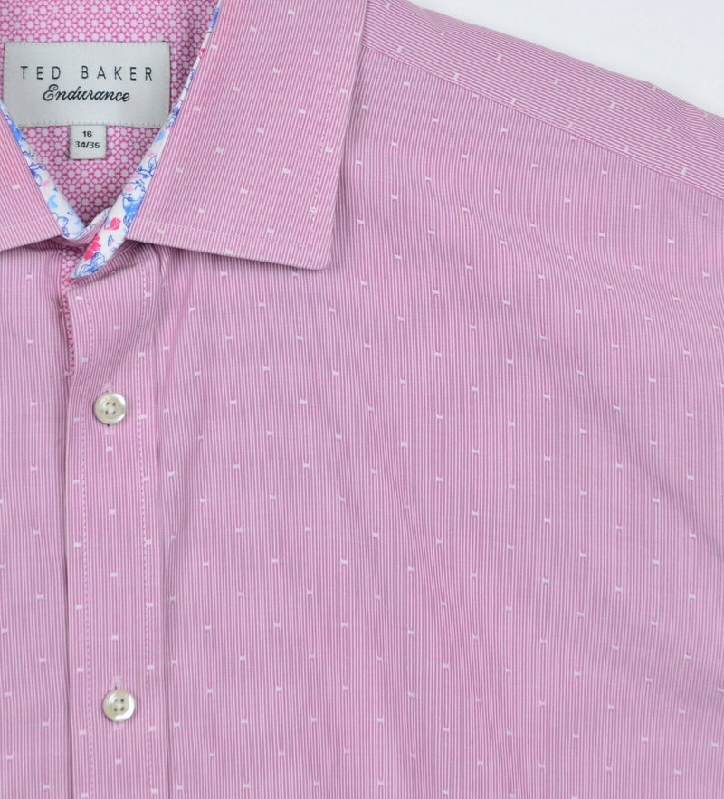 Ted Baker Men's 16 34/35 Flip Cuff Floral Pink Striped Endurance Dress Shirt