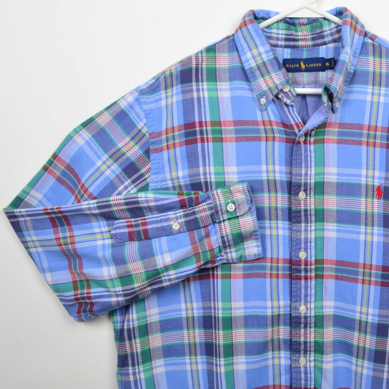 Polo Ralph Lauren Men XL Flannel Blue Green Multi-Color Plaid Button-Down Shirt