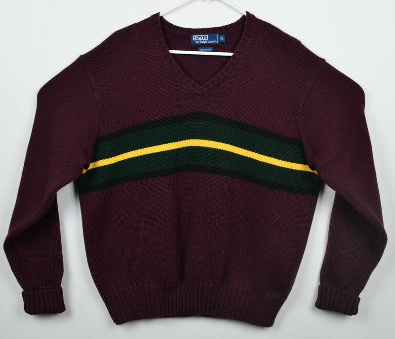 Vtg Polo Ralph Lauren Men's Sz XL Burgundy Chunky Stripe V-Neck Pullover Sweater