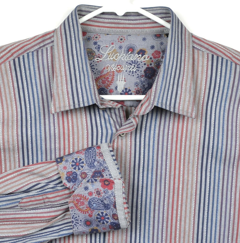 Luchiano Visconti Men's Sz XL Flip Cuff Paisley Multi-Color Striped Shirt