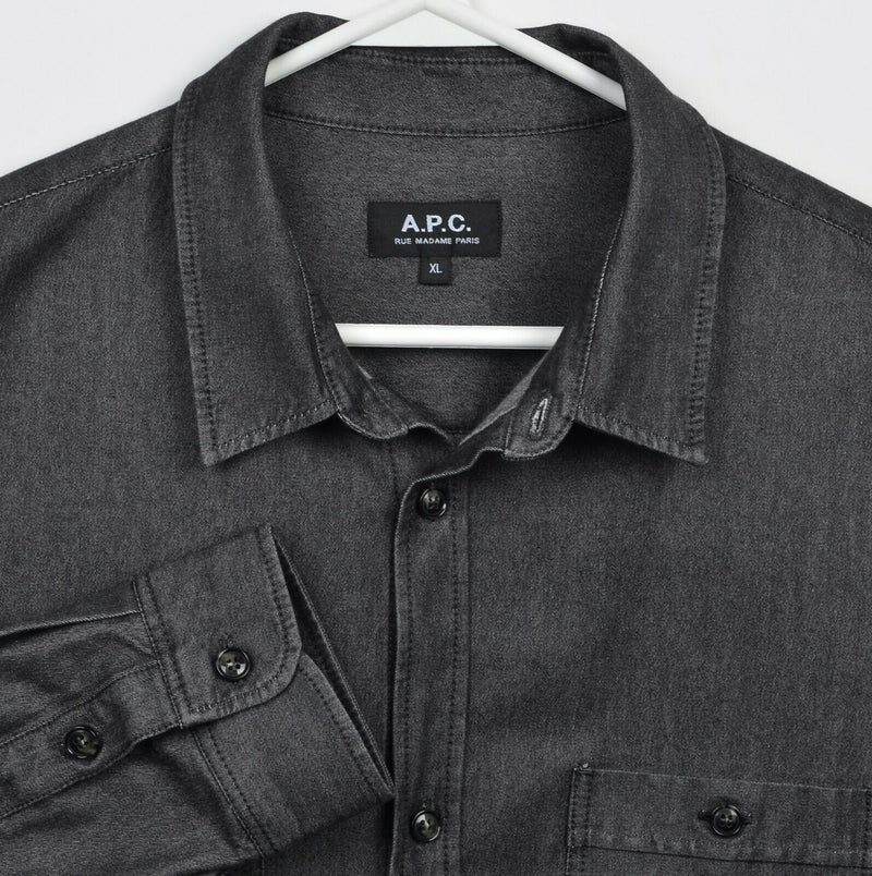 A.P.C. Rue Madame Paris Men's XL Solid Dark Gray Long Sleeve Button-Front Shirt