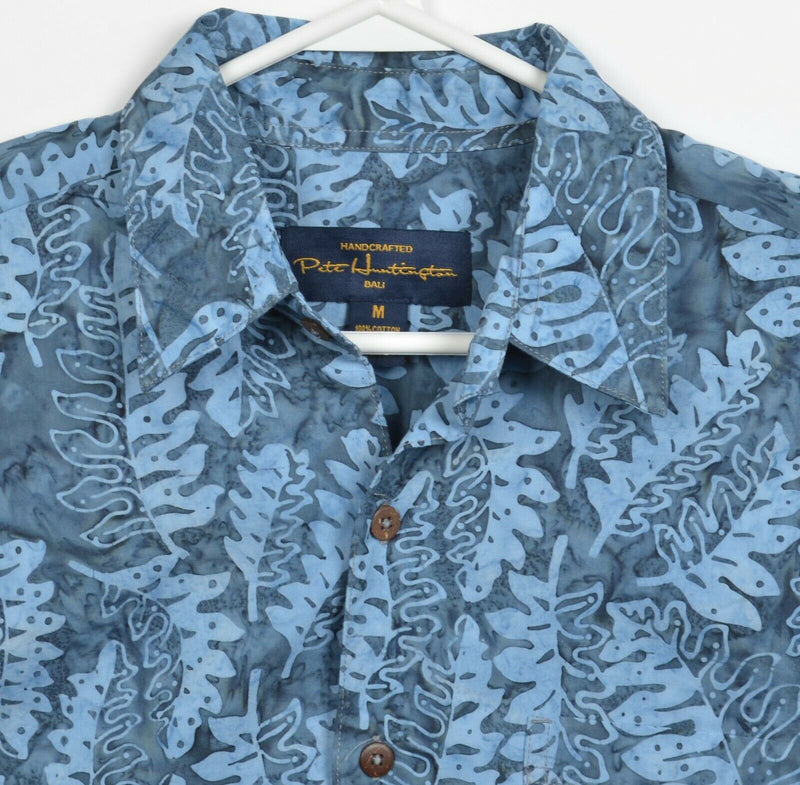 Pete Huntington Men's Medium Blue Floral Leaf Print Handcrafted Hawaiian Shirt