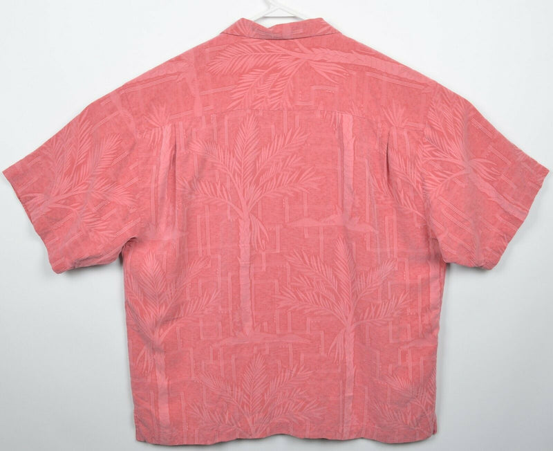 Tommy Bahama Men's XL 100% Silk Peach Pink Textured Palm Floral Hawaiian Shirt