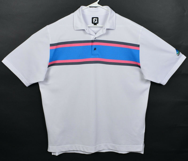 FootJoy Men's XL White Blue Striped FJ Golf Wicking Performance Polo Shirt