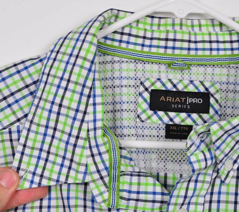 Ariat Pro Series Men's 2XL Green Blue Plaid Rodeo Western Button-Down Shirt