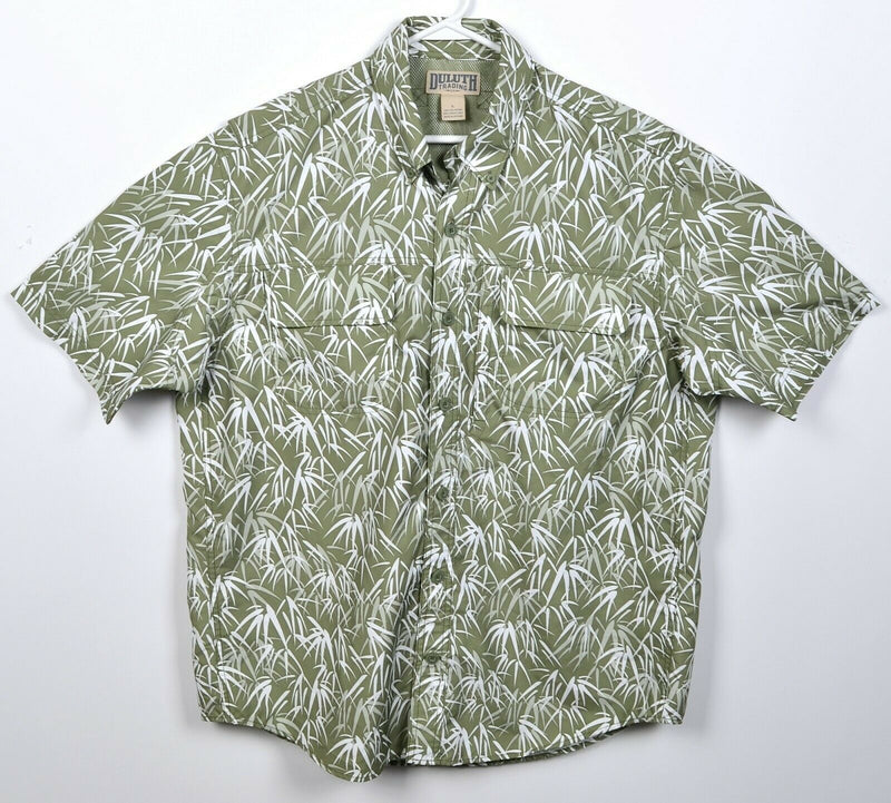 Duluth Trading Co Men's Large Vented Green Floral Hawaiian Fishing Action Shirt