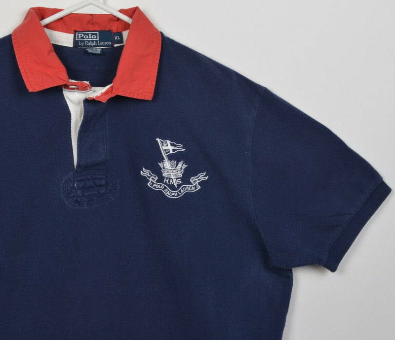 Polo Ralph Lauren Men's XL Embroidered HMS Crown Flag Navy Blue Rugby Shirt