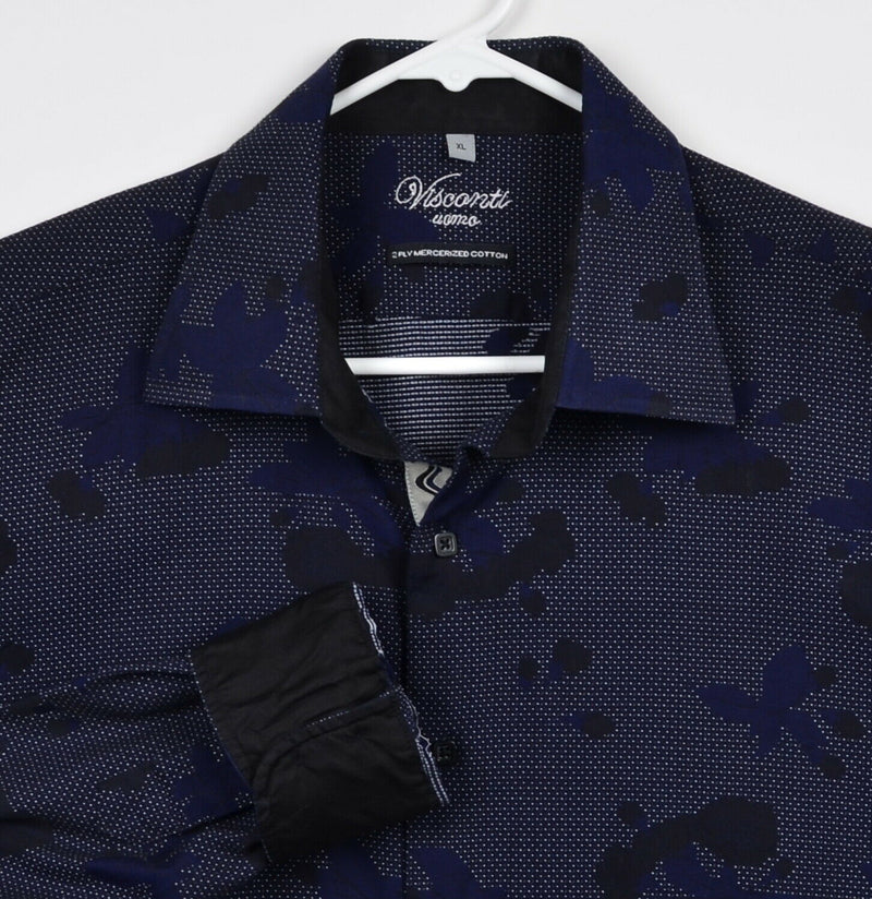 Visconti Uomo Men's XL Flip Cuff Floral Polka Dot Navy Blue Black Designer Shirt
