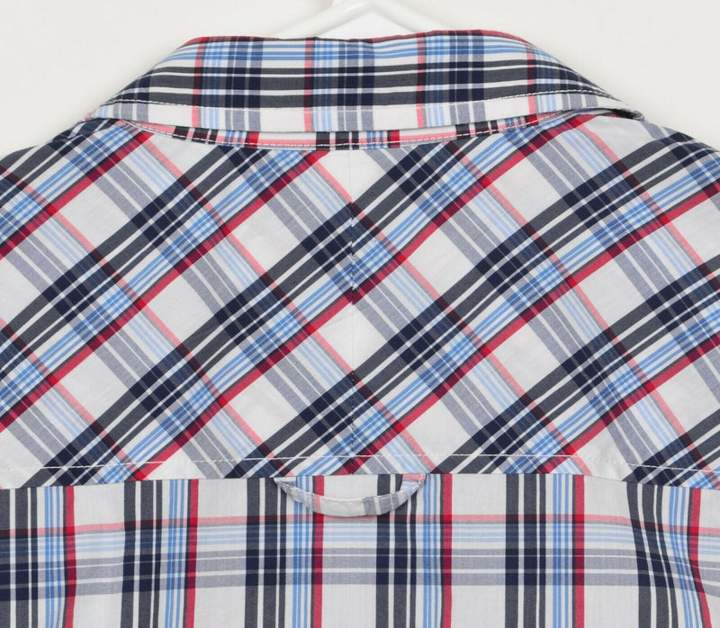 Travis Mathew Men's Sz Large Snap-Front Red Blue Plaid Cotton Nylon Blend Shirt
