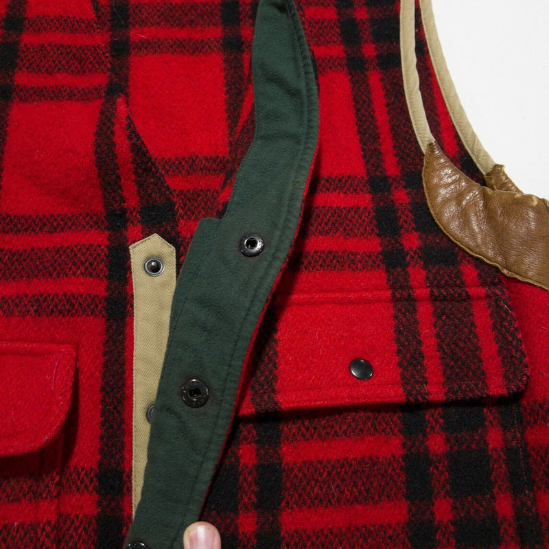 Vintage Polo Ralph Lauren Men Medium Hunting Red Buffalo Plaid Leather Wool Vest