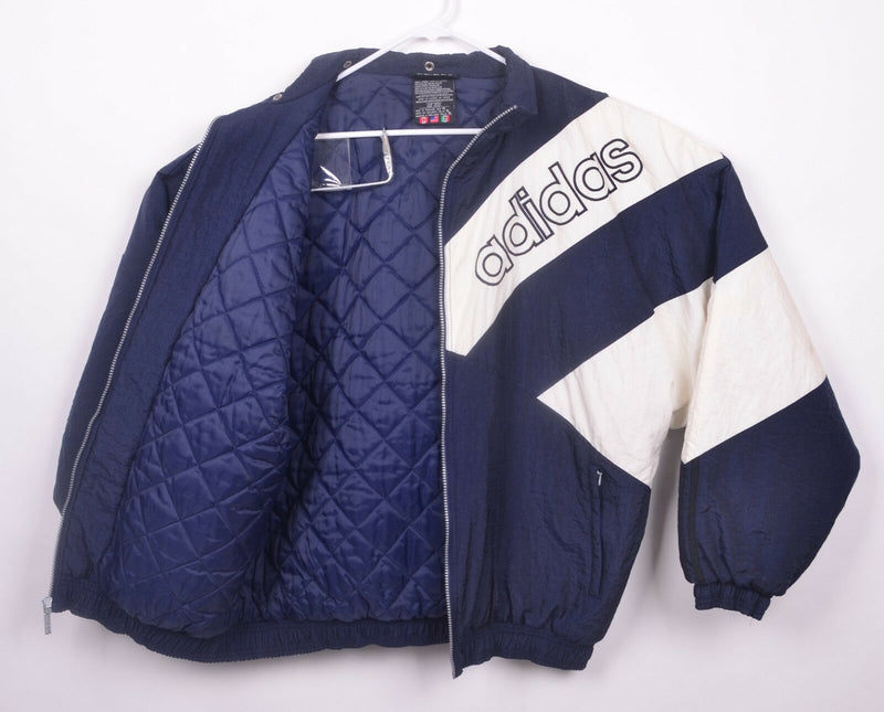 Vintage 90s Adidas Men's XL Puffer Jacket Big Logo Spell Out Blue White