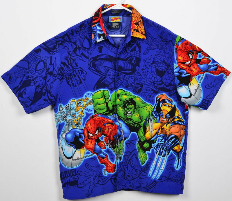 Vintage Marvel Comics Men's Large Spider-Man Hulk Blue Y2K Polyester Camp Shirt