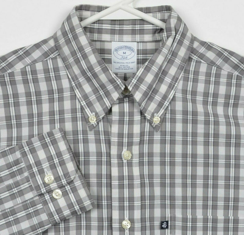 Brooks Brothers Men's Medium Slim Fit Gray Plaid Long Sleeve Button-Down Shirt