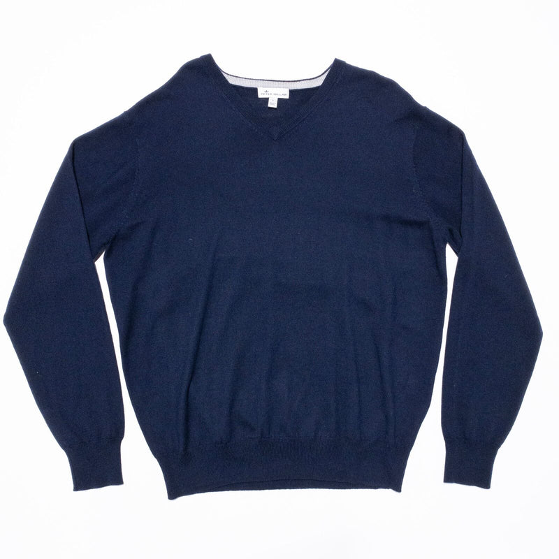 Peter Millar Wool Silk V-Neck Sweater Men's Large Crown Soft Navy Blue Knit
