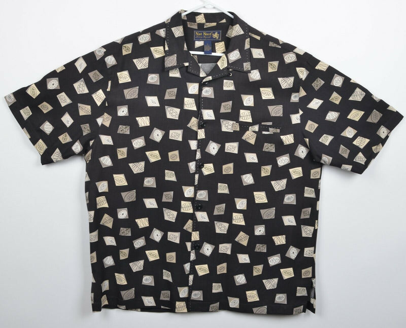 Nat Nast Men's Sz Large 100% Silk Black Geometric Limited Edition Hawaiian Shirt