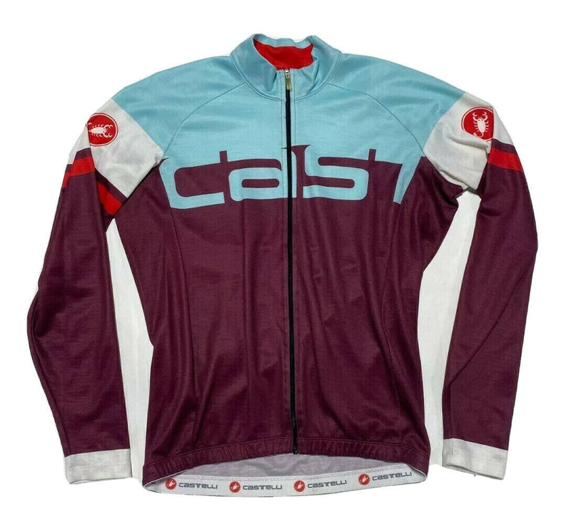 Castelli Wool Blend Cycling Jersey Full Zip Long Sleeve Maroon Red Blue Scorpion