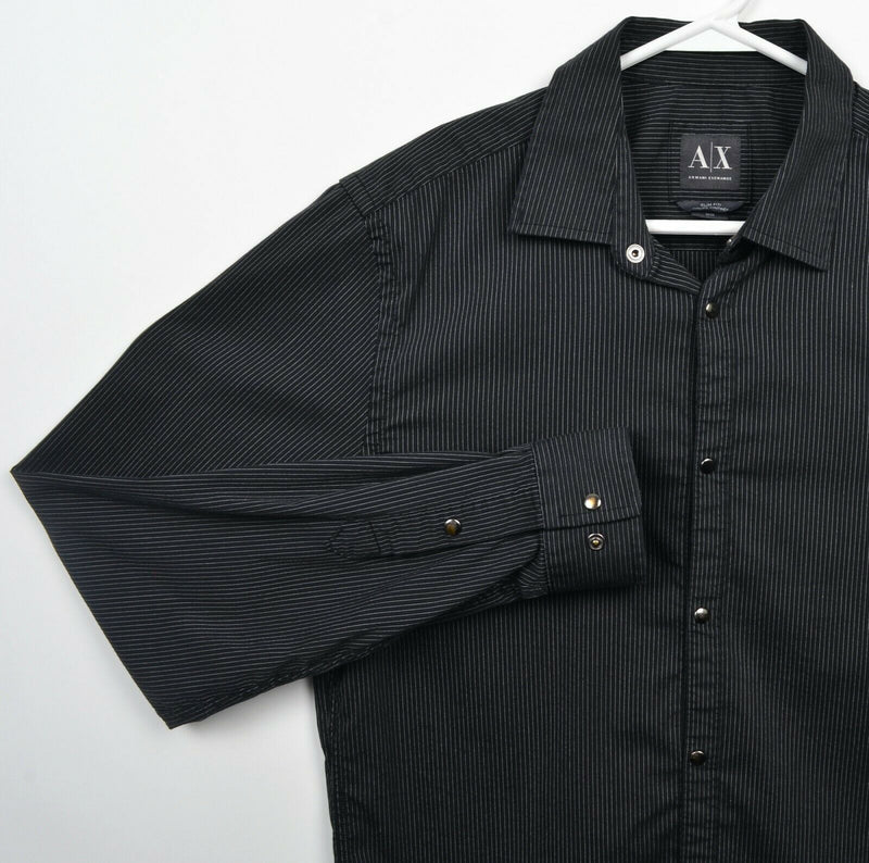 Armani Exchange Men's Medium Snap-Front Black Striped Cotton Nylon Blend Shirt